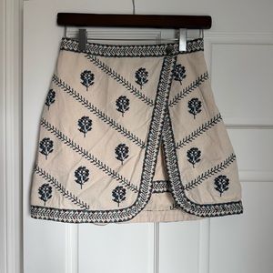 Free People Bright Lights Embroidered Cream Blue Brown Mini Skirt Size 0